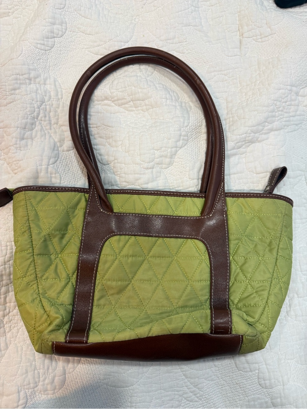 LOFT Olive Green Quilted Tote with Brown Trim